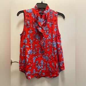 Ann Taylor Red and Blue Floral Ruffle Blouse